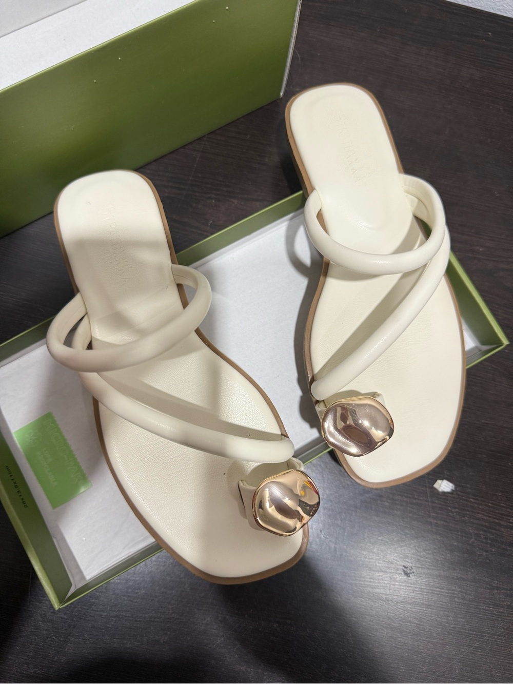 Women's Cream Slip-On Toe Ring Sandals with Gold Accent Detail
